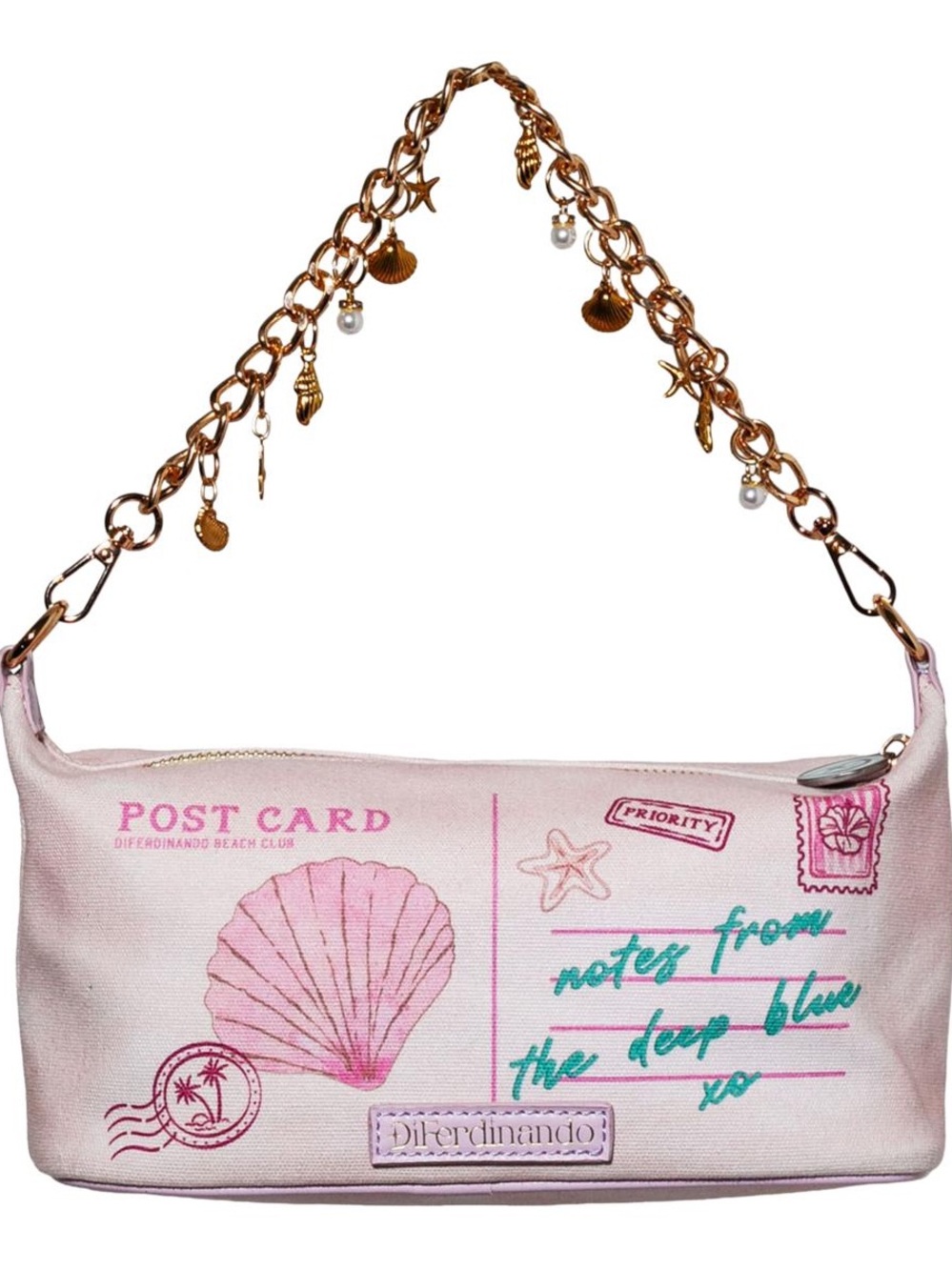 Tropical Pink Embroidered Shoulder Bag with Gold Charm Strap - Picture 4 of 6
